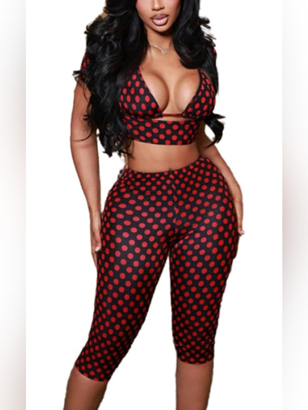 New Sexy Y2K 3-Piece Black Red Polka Dot Crop Top Capri Set Small